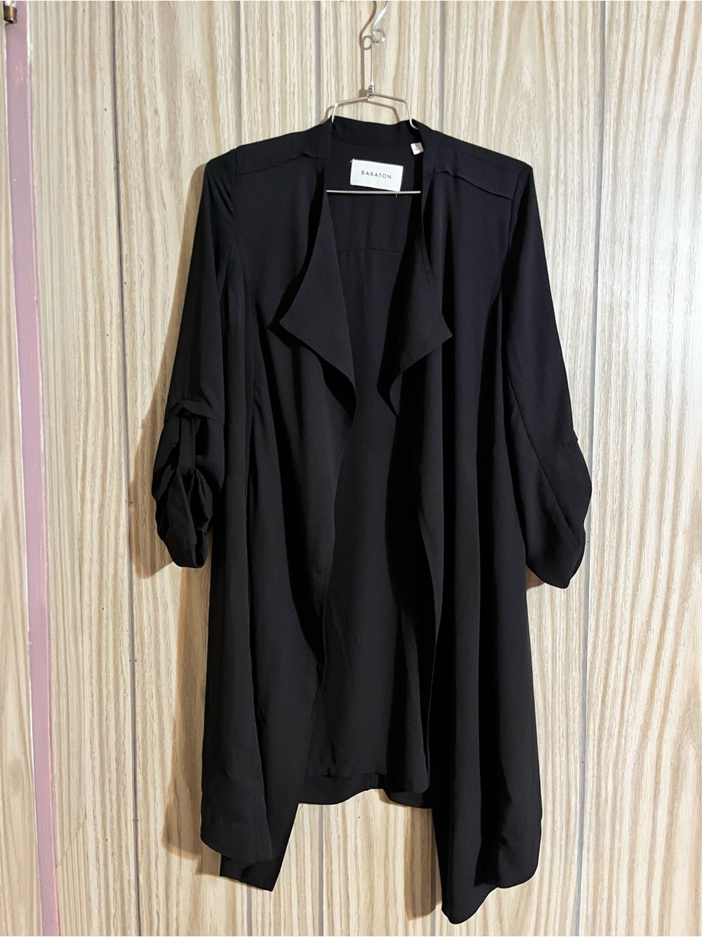 Aritzia Babaton Black Draped Open-Front Light Trench Jacket – Size XS